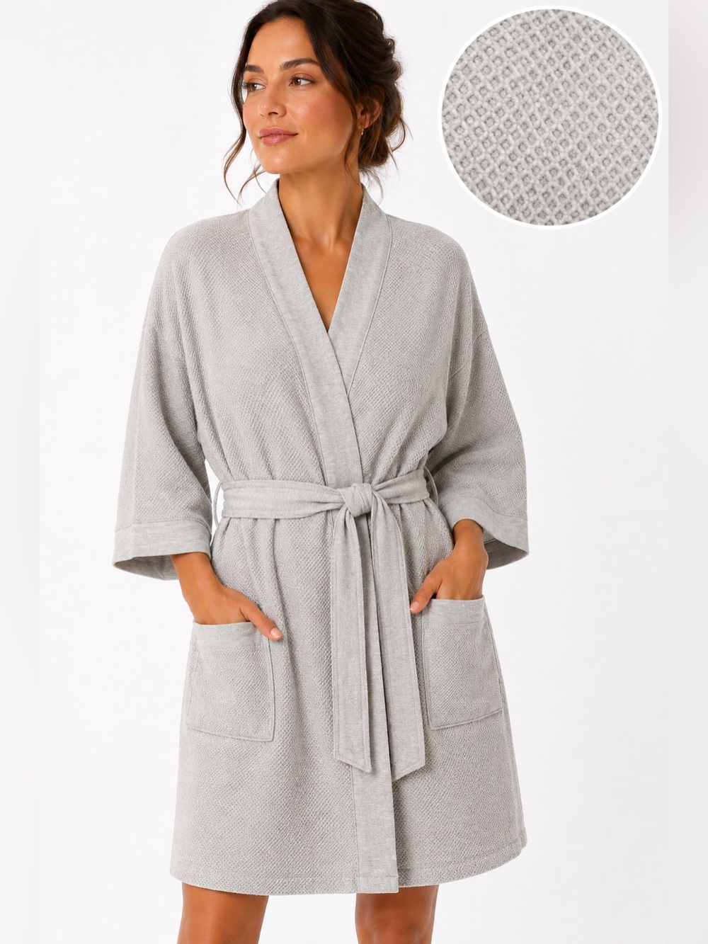 N Natori Tranquility Gray Waffle Knit Oversized Robe Cotton Spa Loungewear Large